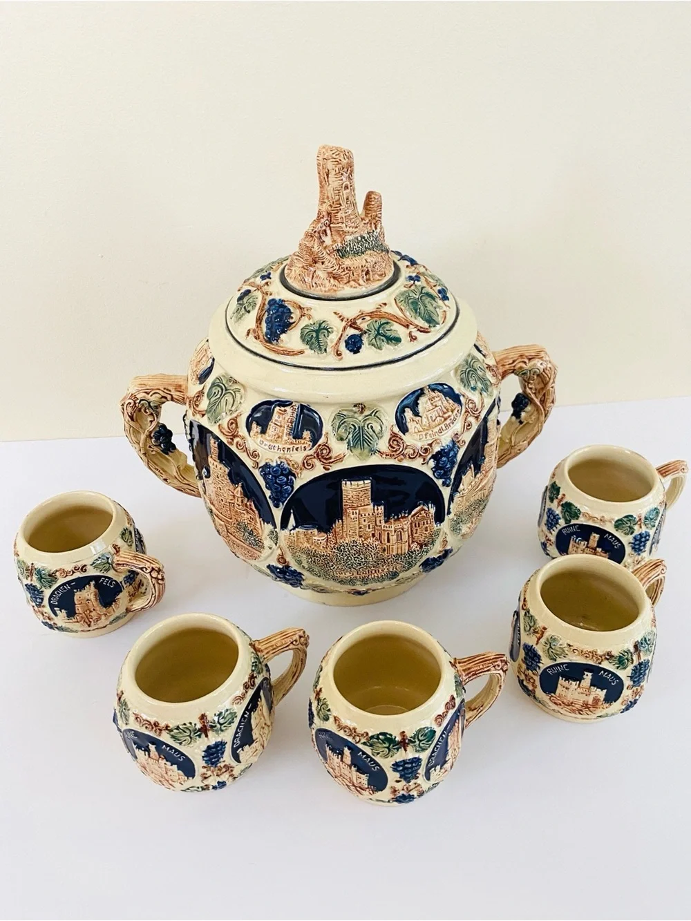 Vintage GERZ German Castle Tureen Punch  Soup Bowl 5 Individual Mugs Octoberfest